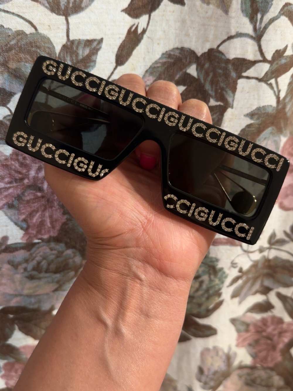 Gucci Black Crystal-Embellished Rectangular Sunglasses